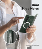 Galaxy Z Fold 8 Ultra Case | Fusion Magnetic - A person holds a dark green smartphone case with a circular MagSafe ring and a hanging cord, pointing to the back of the case. The image includes text reading 'Dual Strap Holes' and a circular inset showing the cord attachment detail.