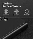 Galaxy Z Fold 8 Ultra Case | Onyx Flap - Close-up of a black textured phone case with a camera cutout, shown below the text 'Distinct Surface Texture' and feature icons for anti-fingerprint, easy to clean, and premium TPU.