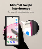 Galaxy Z Fold 8 Ultra Case | Onyx Flap Magnetic - A hand holds a smartphone to demonstrate a low-profile edge design, with text reading 'Minimal Swipe Interference' and a circular inset showing the slim edge of the phone.