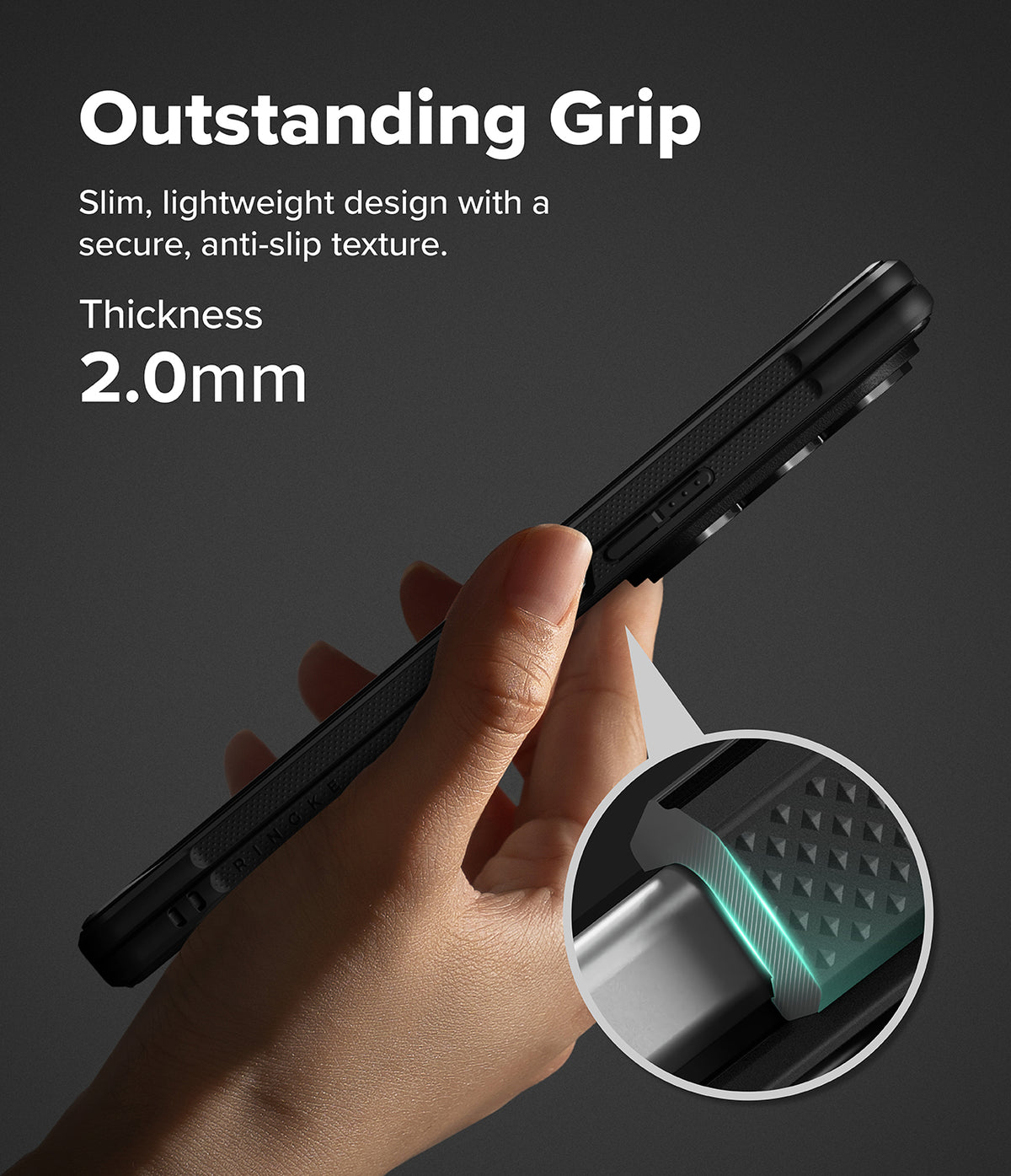 Galaxy Z Fold 8 Ultra Case | Onyx Flap Magnetic - A hand holds a slim black protective phone case against a dark gray background, with text reading 'Outstanding Grip' and 'Thickness 2.0mm' plus a circular inset showing the textured grip detail.