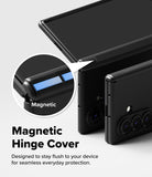 Galaxy Z Fold 8 Ultra Case | Onyx Flap Magnetic - Black magnetic hinge cover case shown on a smartphone, with a circular inset highlighting the magnetic strip and the text 'Magnetic Hinge Cover' on a light gray background.