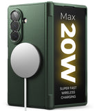 Galaxy Z Fold 8 Ultra Case | Onyx Flap Magnetic (GRN) - A dark green protective case for a foldable smartphone, featuring a large circular magnetic ring on the back and a textured grip edge, shown alongside the phone's front display.