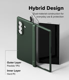 Galaxy Z Fold 8 Ultra Case | Onyx Flap Magnetic - A dark green hybrid phone case shown on a smartphone, with text explaining its dual-material construction: an outer flexible TPU layer and an inner hard PC layer. The image is set against a clean light gray background.