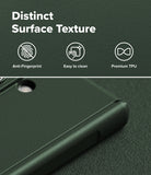 Galaxy Z Fold 8 Ultra Case | Onyx Flap Magnetic - Dark green phone case with a textured surface, featuring a close-up of the corner showing its matte finish and a camera cutout. The top portion includes marketing text reading 'Distinct Surface Texture' with icons for 'Anti-Fingerprint', 'Easy to clean', and 'Premium TPU'.