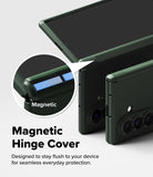 Galaxy Z Fold 8 Ultra Case | Onyx Flap Magnetic - Dark green magnetic hinge cover case shown on a smartphone, with a circular inset highlighting the magnetic feature and text reading 'Magnetic Hinge Cover' on a light gray background.