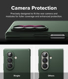 Galaxy Z Fold 8 Ultra Case | Onyx Flap Magnetic - Dark green phone case with a raised camera ring protector, shown from the back with text reading 'Camera Protection' and comparison labels 'Ringke' and 'Others' on a split dark and light background.