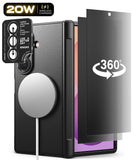 [Bundle] Galaxy Z Fold 8 Ultra | Onyx Flap Magnetic (BK) + 360° Privacy & Camera Protectors - A black textured phone case with a MagSafe-compatible circular magnetic ring, shown alongside a black tempered glass screen protector labeled '360°' and a small black camera lens protector sticker. The phone inside the case has a purple wallpaper visible.