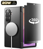 [Bundle] Galaxy Z Fold 8 Ultra | Onyx Flap Magnetic (BK) + 360° Privacy - Black textured phone case with a built-in circular MagSafe holder, shown on a smartphone with a dark tinted screen protector partially pulled out. A '360°' rotation graphic appears in the top-left corner on a clean white background.