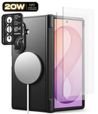 [Bundle] Galaxy Z Fold 8 Ultra | Onyx Flap Magnetic + Screen / Camera Protectors (2P) - A black protective phone case with a MagSafe-compatible magnetic ring, shown alongside a clear screen protector and a black camera frame sticker. The phone inside displays a pink and purple wallpaper.