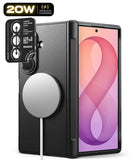[Bundle] Galaxy Z Fold 8 Ultra | Onyx Flap Magnetic + Camera Protectors (2P) - A black protective phone case with a textured back and a raised camera bar, shown alongside a smartphone displaying a pink and purple wallpaper. The case features a large circular MagSafe-compatible magnetic ring on the back, and an inset diagram on the top left explains the camera lens glass and live photo feature.