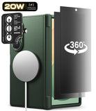 [Bundle] Galaxy Z Fold 8 Ultra | Onyx Flap Magnetic (GRN) + 360° Privacy & Camera Protectors - A dark green protective phone case with a MagSafe-compatible circular magnetic ring, shown alongside a black 360-degree screen protector and a black camera lens protector sticker. The phone inside the case displays a colorful wallpaper.