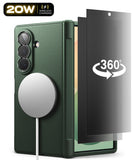 [Bundle] Galaxy Z Fold 8 Ultra | Onyx Flap Magnetic (GRN) + 360° Privacy - A dark green textured phone case shown on a smartphone, with a black tinted screen protector partially covering the front and a white circular MagSafe ring attached to the back. A '360°' graphic appears in the top left corner.