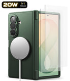 [Bundle] Galaxy Z Fold 8 Ultra | Onyx Flap Magnetic + Screen Protectors (2P) - A dark green foldable smartphone case shown closed with a circular MagSafe-style magnetic ring attached, alongside a transparent screen protector leaning against the phone, on a clean white background.