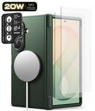 [Bundle] Galaxy Z Fold 8 Ultra | Onyx Flap Magnetic + Screen / Camera Protectors (2P) - A dark green protective phone case shown with a transparent screen protector overlay and a MagSafe-compatible magnetic ring accessory. A black camera frame guard sticker is also shown on the upper left against a clean white background.