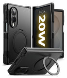 Galaxy Z Fold 8 Case | Alles - Black rugged protective case for a foldable smartphone, shown in multiple angles including back view with circular ring stand and front view with phone inserted.