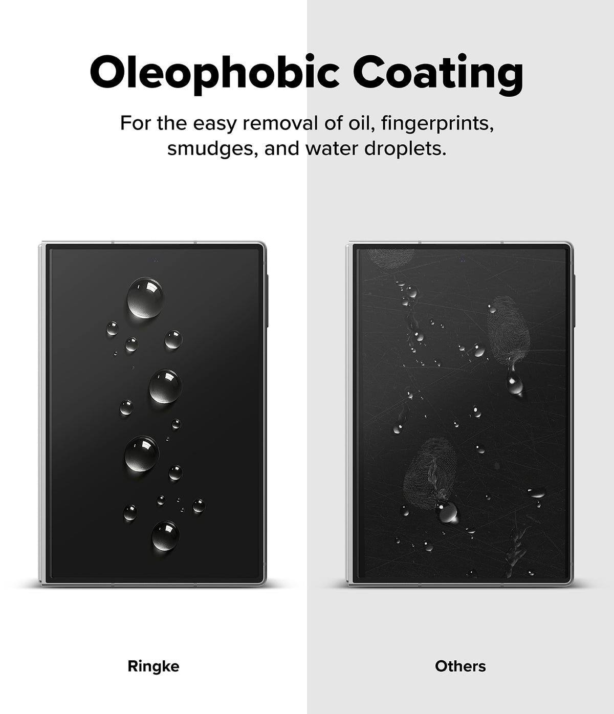 Galaxy Z Fold 8 | Fusion Air Flap Magnetic + Screen & Camera - Promotional graphic for oleophobic coating on a smartphone, showing two black phone screens side by side on a light gray background. The left screen has oil, fingerprints, and water droplets that slide off easily, labeled 'Ringke.
