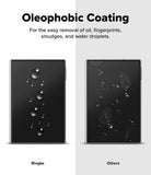 Galaxy Z Fold 8 | Fusion Air Flap Magnetic + Screen - Promotional graphic for oleophobic coating on a smartphone, showing two black phone screens side by side on a light gray background. The left screen has oil, fingerprints, and water droplets that slide off easily, labeled 'Ringke.