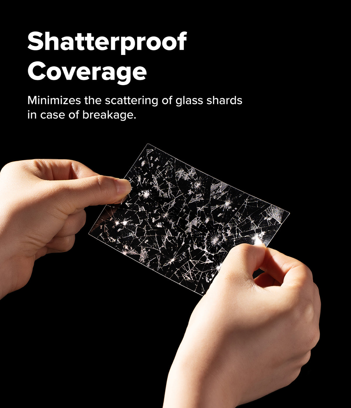 Galaxy Z Fold 8 | Fusion Air Flap Magnetic + Screen & Camera - A pair of hands holds a transparent shatterproof glass panel against a black background, with white text at the top reading 'Shatterproof Coverage' and a smaller descriptive subtitle.