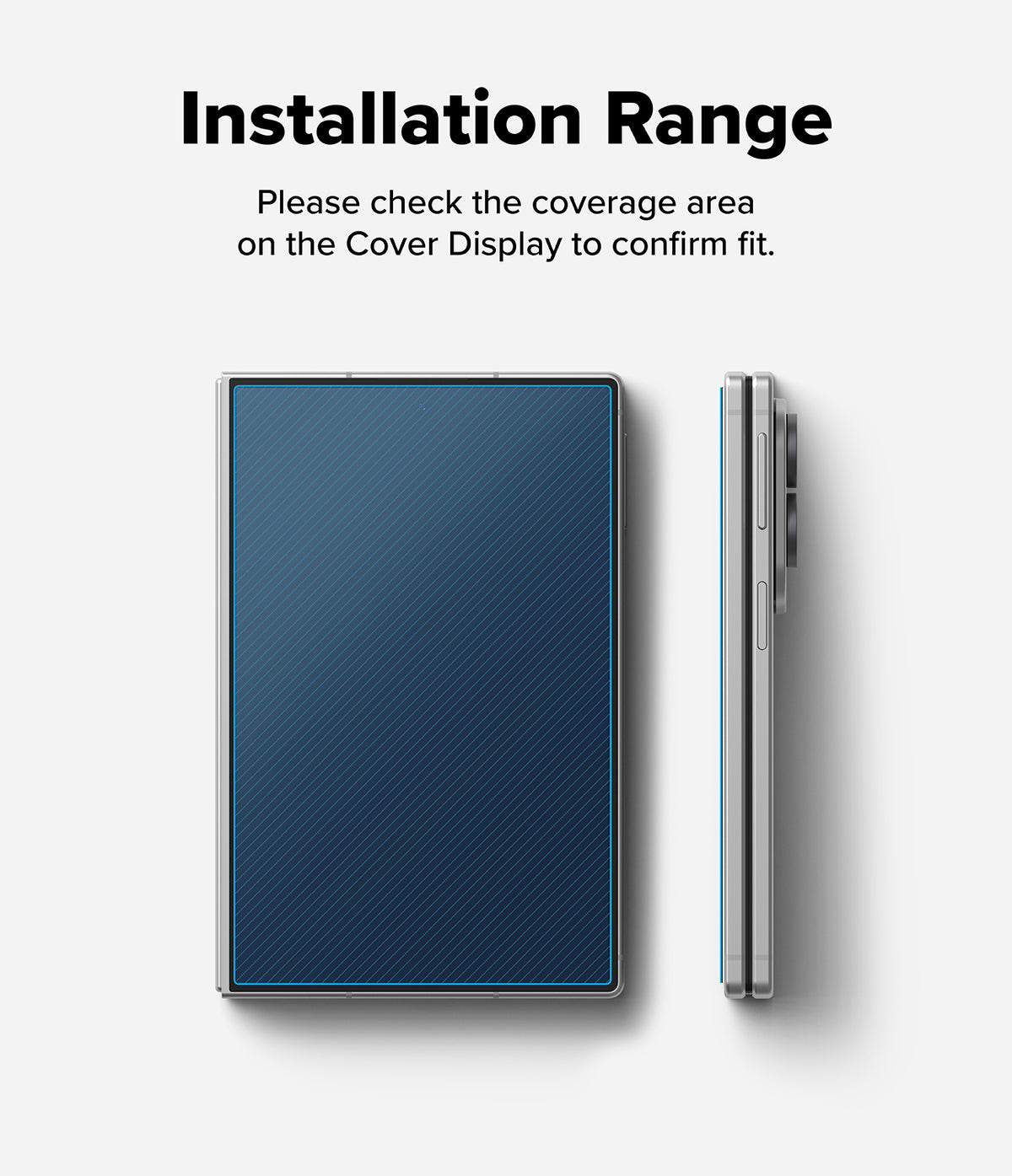 Galaxy Z Fold 8 | Fusion Air Flap Magnetic + Screen & Camera - Instruction graphic showing a smartphone case from two angles on a light gray background, with the text 'Installation Range' and 'Please check the coverage area on the Cover Display to confirm fit.' above it.