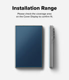 Galaxy Z Fold 8 | Fusion Air Flap Magnetic + Screen & Camera - Instruction graphic showing a smartphone case from two angles on a light gray background, with the text 'Installation Range' and 'Please check the coverage area on the Cover Display to confirm fit.' above it.