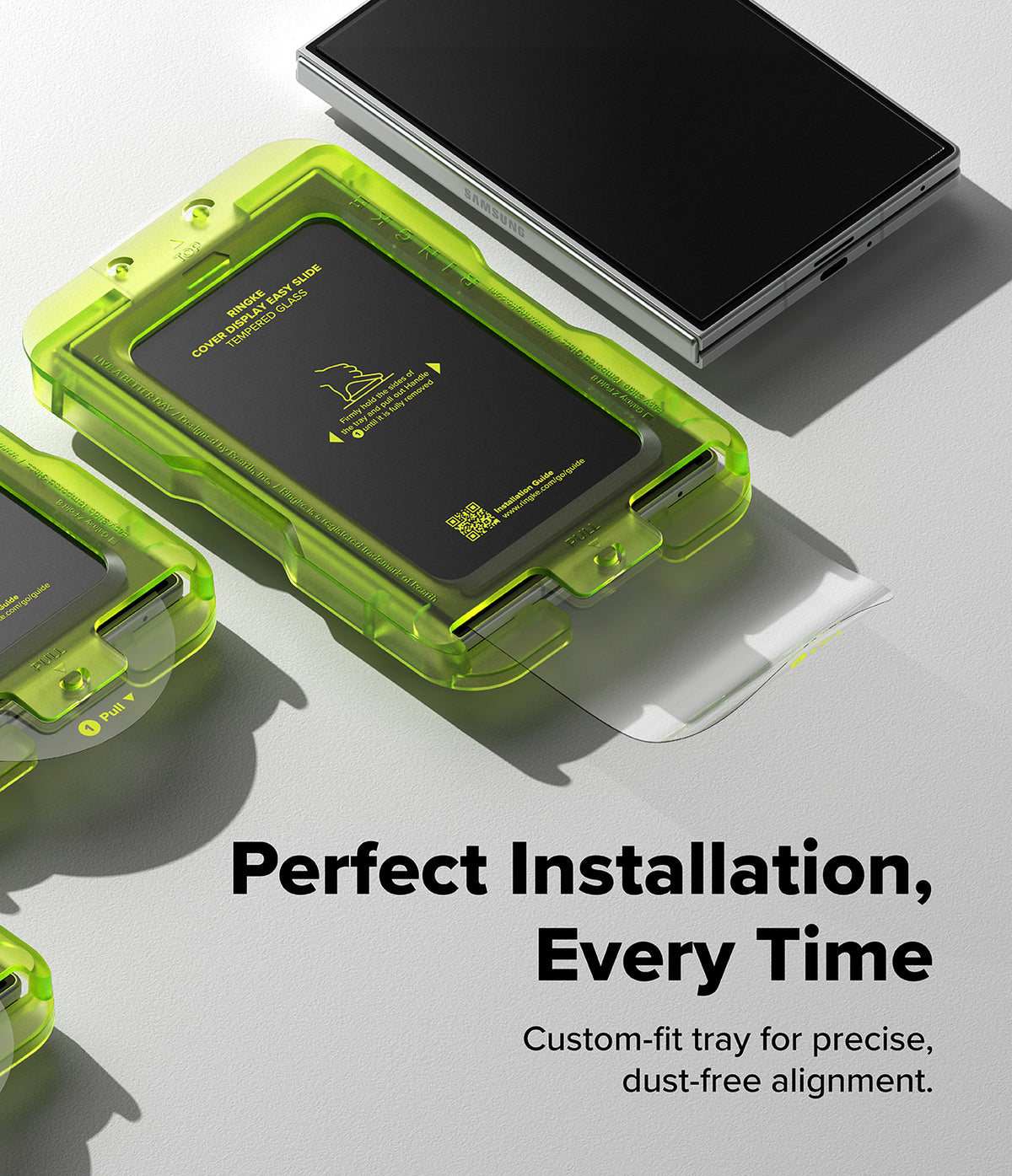 Galaxy Z Fold 8 | Fusion Air Flap Magnetic + Screen & Camera - A bright translucent neon green custom-fit tray holding a black smartphone, shown on a clean light gray background with additional phones and promotional text reading 'Perfect Installation, Every Time.'.