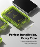 Galaxy Z Fold 8 | Fusion Air Flap Magnetic + Screen & Camera - A bright translucent neon green custom-fit tray holding a black smartphone, shown on a clean light gray background with additional phones and promotional text reading 'Perfect Installation, Every Time.'.