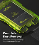 Galaxy Z Fold 8 | Fusion Air Flap Magnetic + Screen & Camera - A close-up of a transparent lime green protective case with a black insert, shown on a dark surface. Large white text reads 'Complete Dust Removal' with smaller explanatory text below about electrostatic cleaning technology.