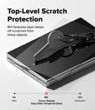 Galaxy Z Fold 8 | Fusion Air Flap Magnetic + Screen - A smartphone with a dark tempered glass cover is shown on a light gray background with text reading 'Top-Level Scratch Protection' and '9H hardness layer keeps off scratches from sharp objects.' A key rests on the screen to demonstrate protection.