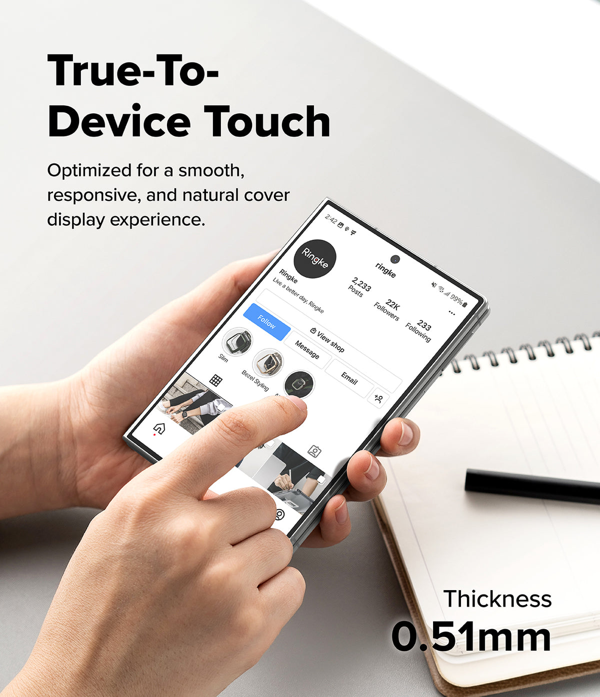 Galaxy Z Fold 8 | Fusion Air Flap Magnetic + Screen - A person's hands holding a smartphone with a transparent or nearly invisible side cover, demonstrating touch interaction. The phone screen shows an Instagram profile.