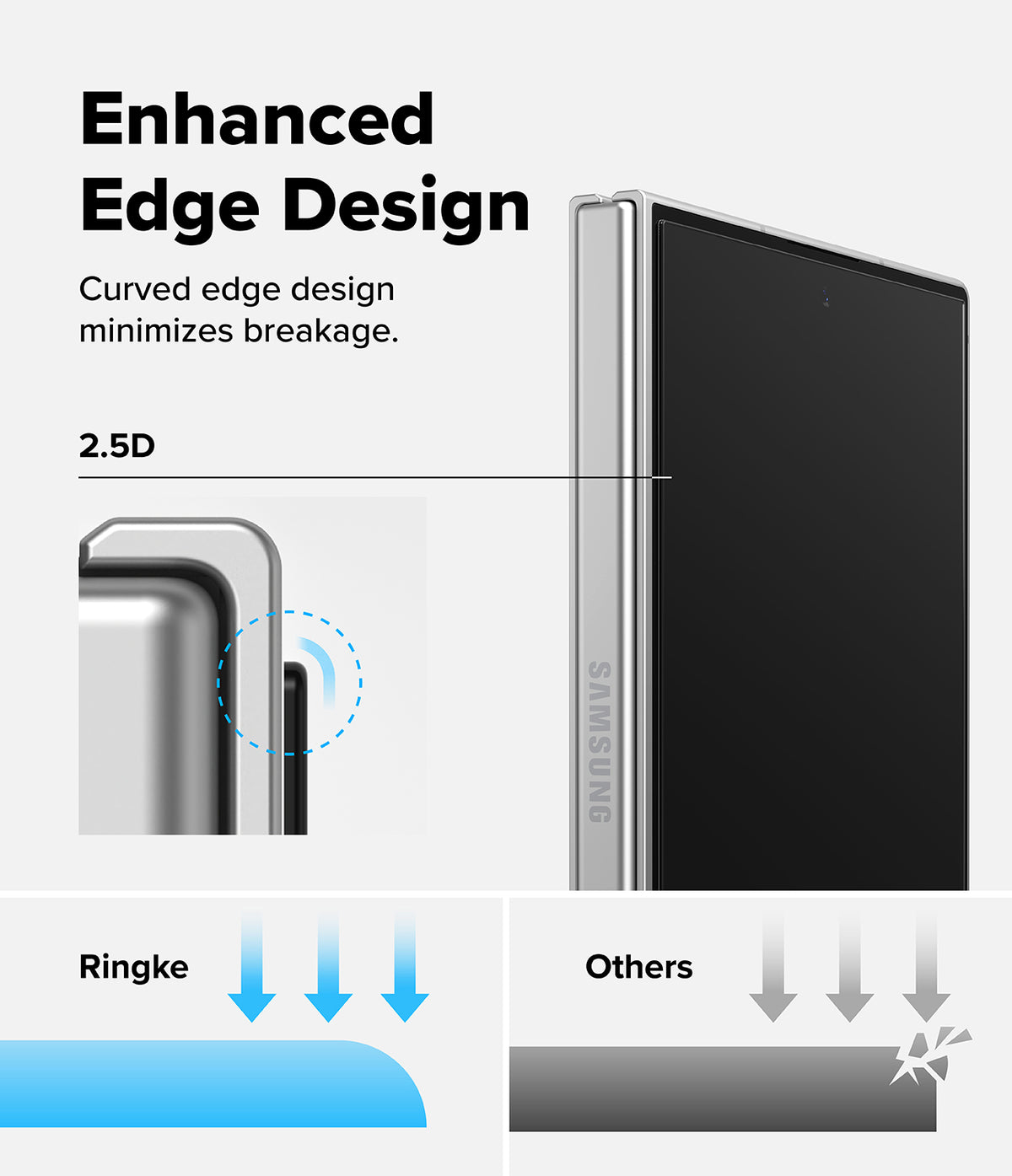 Galaxy Z Fold 8 | Fusion Air Flap Magnetic + Screen & Camera - Promotional graphic for a Samsung device showing enhanced curved edge design and 2.5D protection, with a close-up of the silver side frame and comparison arrows labeled Ringke and Others.