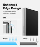Galaxy Z Fold 8 | Fusion Air Flap Magnetic + Screen & Camera - Promotional graphic for a Samsung device showing enhanced curved edge design and 2.5D protection, with a close-up of the silver side frame and comparison arrows labeled Ringke and Others.