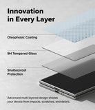 Galaxy Z Fold 8 | Fusion Air Flap Magnetic + Screen & Camera - A promotional graphic showing a smartphone with layered protective materials labeled 'Oleophobic Coating,' '9H Tempered Glass,' and 'Shatterproof Protection,' under the headline 'Innovation in Every Layer.'.