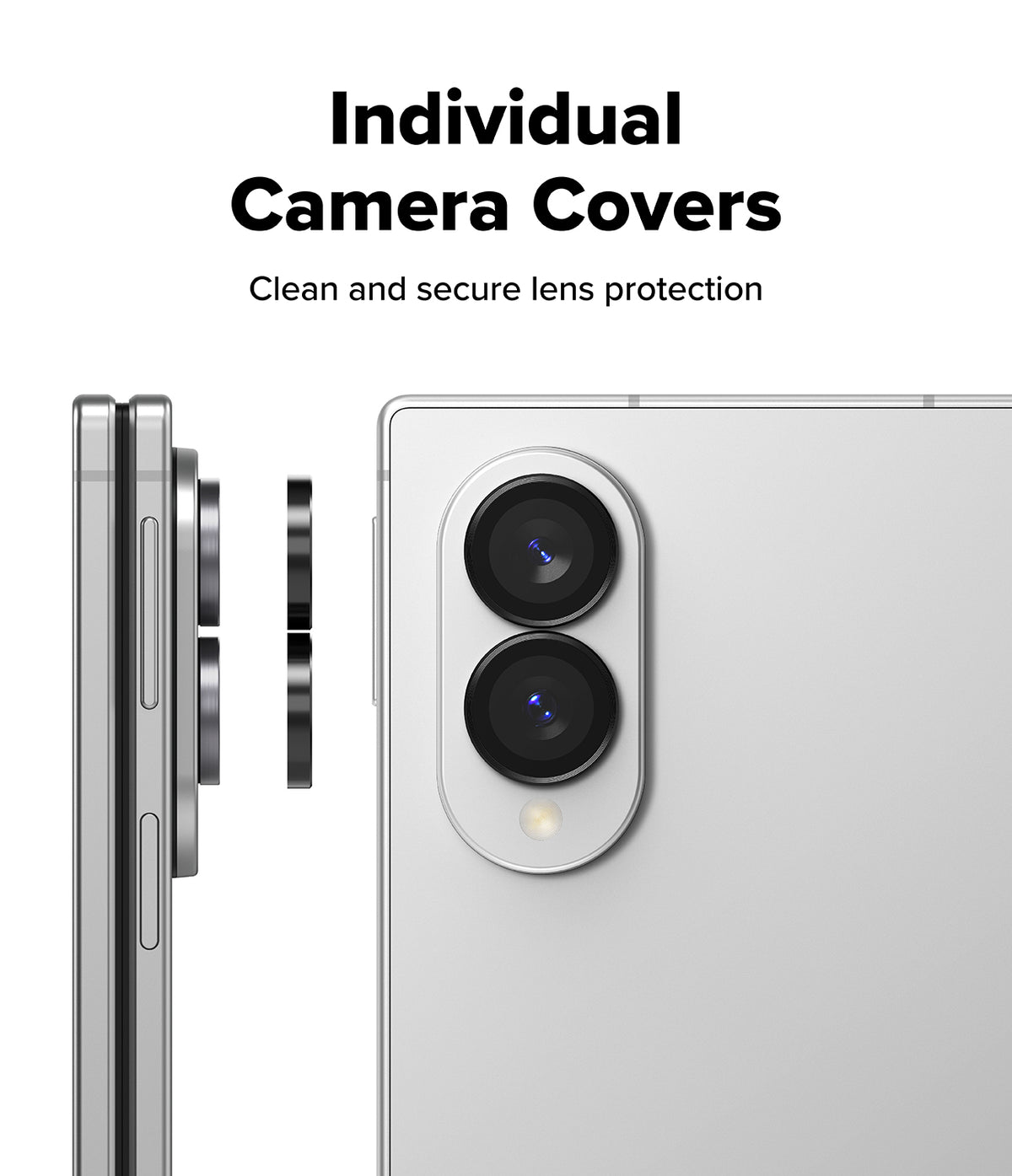Galaxy Z Fold 8 | Fusion Air Flap Magnetic + Screen & Camera - Text reading 'Individual Camera Covers' and 'Clean and secure lens protection' above a silver smartphone shown from the back with a circular camera lens protector partially detached on the left.