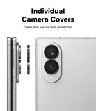 Galaxy Z Fold 8 | Fusion Air Flap Magnetic + Screen & Camera - Text reading 'Individual Camera Covers' and 'Clean and secure lens protection' above a silver smartphone shown from the back with a circular camera lens protector partially detached on the left.