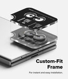 Galaxy Z Fold 8 | Fusion Air Flap Magnetic + Screen & Camera - Custom-fit phone camera lens protector frame shown in an exploded assembly view on a smartphone, with text reading 'Custom-Fit Frame' and 'For instant and easy installation.'.