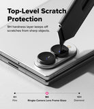 Galaxy Z Fold 8 | Fusion Air Flap Magnetic + Camera - A close-up promotional graphic showing a smartphone camera lens area with text reading 'Top-Level Scratch Protection' and '9H hardness layer keeps off scratches from sharp objects.' A stylus is touching the camera module to demonstrate protection.
