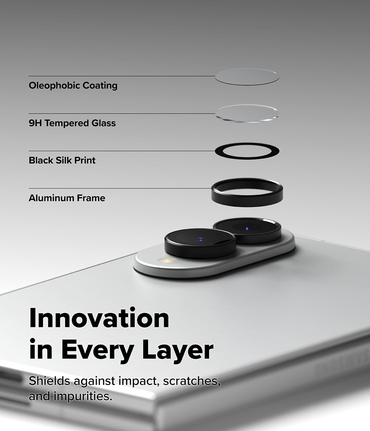 Galaxy Z Fold 8 | Fusion Air Flap Magnetic + Screen & Camera - A promotional graphic showing a smartphone camera lens protector set with layered transparent and black protective rings floating above the camera module. Text labels identify the layers: Oleophobic Coating, 9H Tempered Glass, Black Silk Print, and Aluminum Frame.