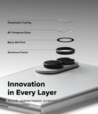 Galaxy Z Fold 8 | Fusion Air Flap Magnetic + Screen & Camera - A promotional graphic showing a smartphone camera lens protector set with layered transparent and black protective rings floating above the camera module. Text labels identify the layers: Oleophobic Coating, 9H Tempered Glass, Black Silk Print, and Aluminum Frame.
