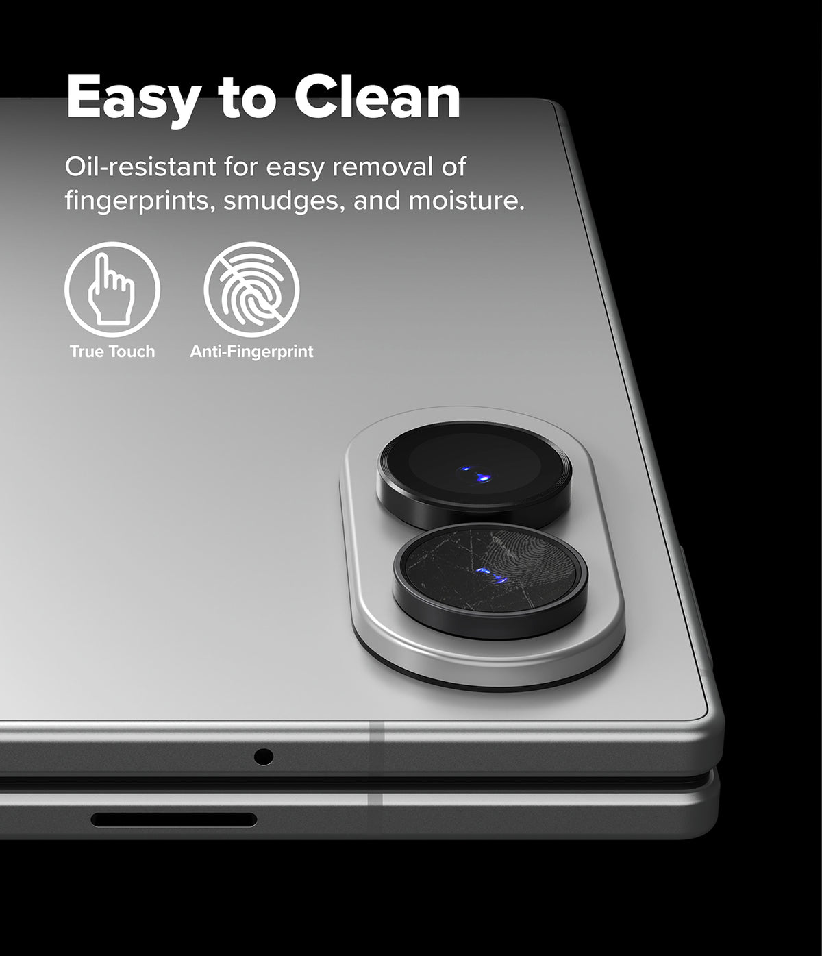 Galaxy Z Fold 8 | Fusion Air Flap Magnetic + Camera - A close-up of a silver smartphone showing the back of the device with two circular camera lenses and a text callout that says 'Easy to Clean' with icons for True Touch and Anti-Fingerprint.