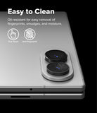 Galaxy Z Fold 8 | Fusion Air Flap Magnetic + 360° Privacy & Camera - A close-up of a silver smartphone showing the back of the device with two circular camera lenses and a text callout that says 'Easy to Clean' with icons for True Touch and Anti-Fingerprint.
