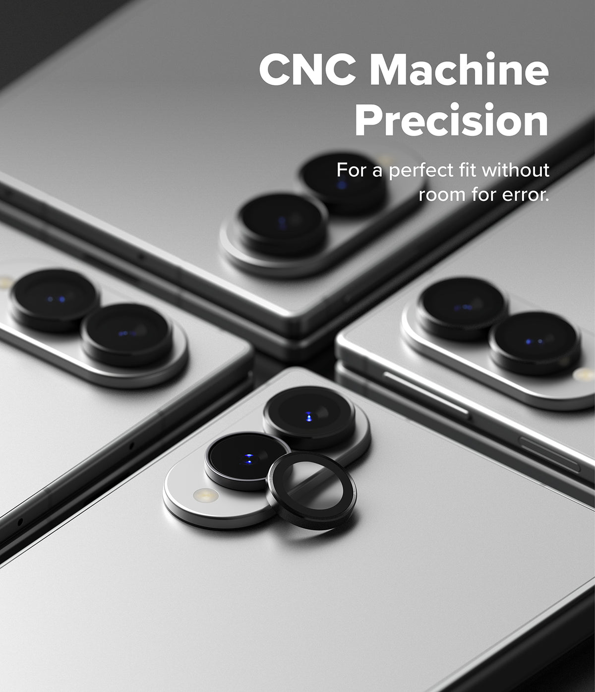 Galaxy Z Fold 8 | Fusion Air Flap Magnetic + Screen & Camera - Close-up of a smartphone camera module with a circular lens protector removed and placed beside it, overlaid with the text 'CNC Machine Precision' and 'For a perfect fit without room for error.'.