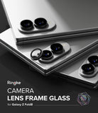 Galaxy Z Fold 8 | Fusion Air Flap Magnetic + Camera - Three silver smartphones shown at an angle with Ringke camera lens frame glass accessories applied around the rear camera cutouts. The image includes text reading 'Ringke CAMERA LENS FRAME GLASS for Galaxy Z Fold8' on a dark background.