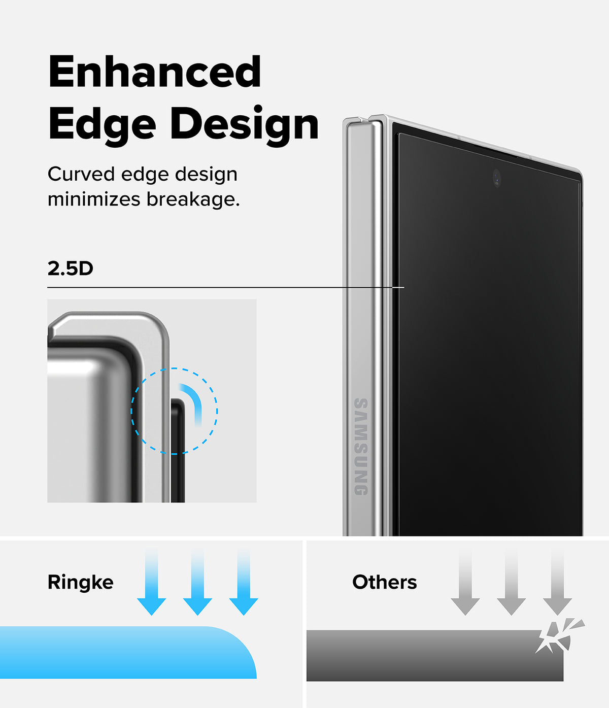 Galaxy Z Fold 8 | Fusion Air Flap Magnetic + 360° Privacy & Camera - Promotional graphic for a Samsung smartphone case or edge design, showing a silver Samsung phone with a black back, text reading 'Enhanced Edge Design' and '2.5D', plus comparison arrows labeled Ringke and Others.