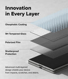 Galaxy Z Fold 8 | Fusion Air Flap Magnetic + 360° Privacy & Camera - Promotional graphic showing a smartphone with layered protective overlays labeled 'Oleophobic Coating,' '9H Tempered Glass,' 'Polarized Film,' and 'Shatterproof Protection,' under the headline 'Innovation in Every Layer.'.