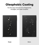Galaxy Z Fold 8 | Fusion Air Flap Magnetic + 360° Privacy & Camera - A promotional comparison graphic for oleophobic coating on a smartphone screen. The left side shows a black phone screen with water droplets and oil-like smudges, labeled 'Ringke'; the right side shows a similar black screen with the marks wiped away, labeled 'Others'.