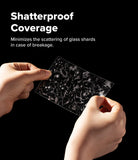 Galaxy Z Fold 8 | Fusion Air Flap Magnetic + 360° Privacy - Hands holding a transparent shatterproof glass panel with visible crack-like patterning, shown against a black background with the text 'Shatterproof Coverage' and a supporting product claim.