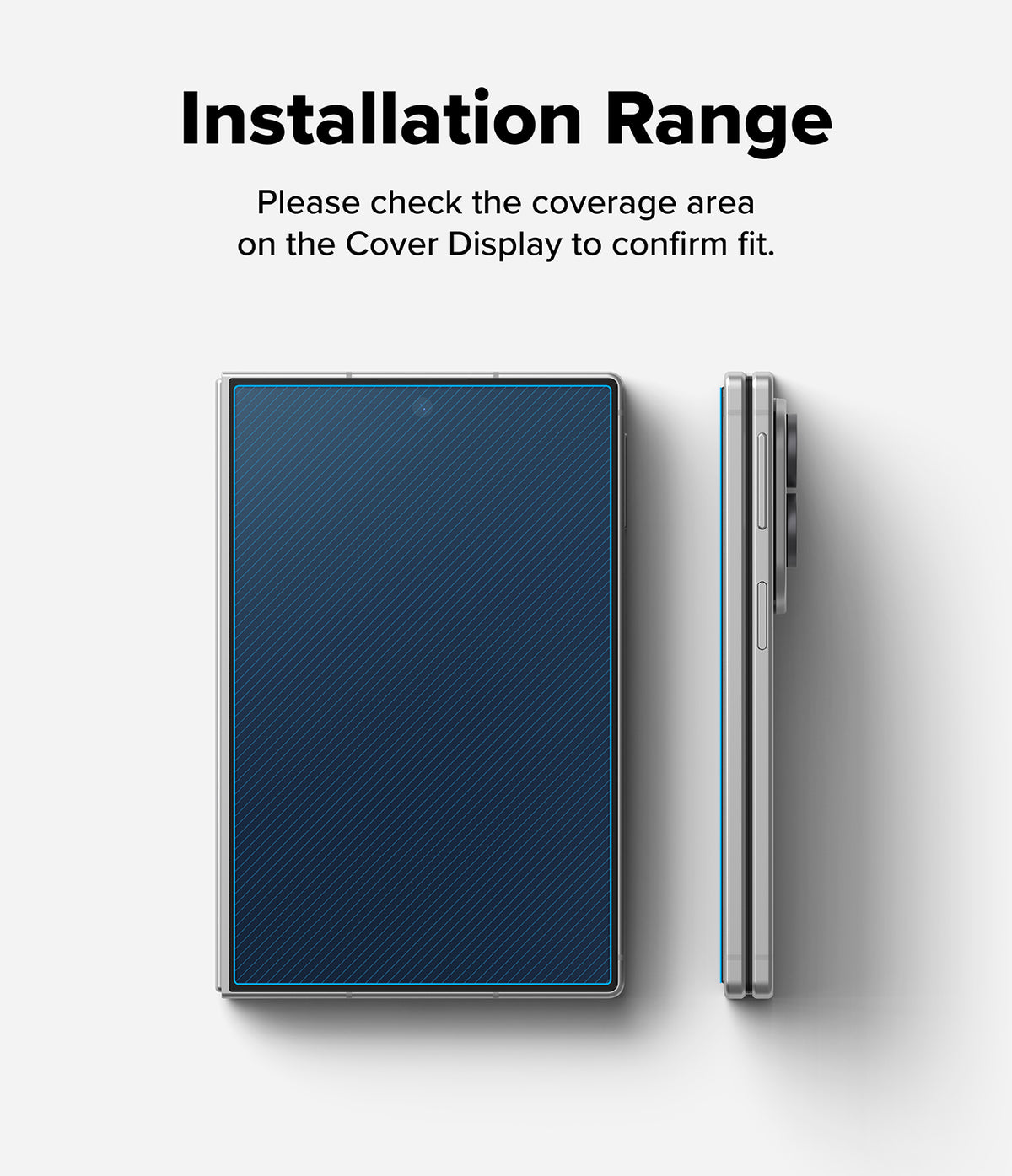 Galaxy Z Fold 8 | Fusion Air Flap Magnetic + 360° Privacy & Camera - Instruction graphic showing a smartphone case from front and side views with the text 'Installation Range' and 'Please check the coverage area on the Cover Display to confirm fit.' on a light gray background.
