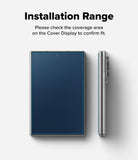 Galaxy Z Fold 8 | Fusion Air Flap Magnetic + 360° Privacy & Camera - Instruction graphic showing a smartphone case from front and side views with the text 'Installation Range' and 'Please check the coverage area on the Cover Display to confirm fit.' on a light gray background.