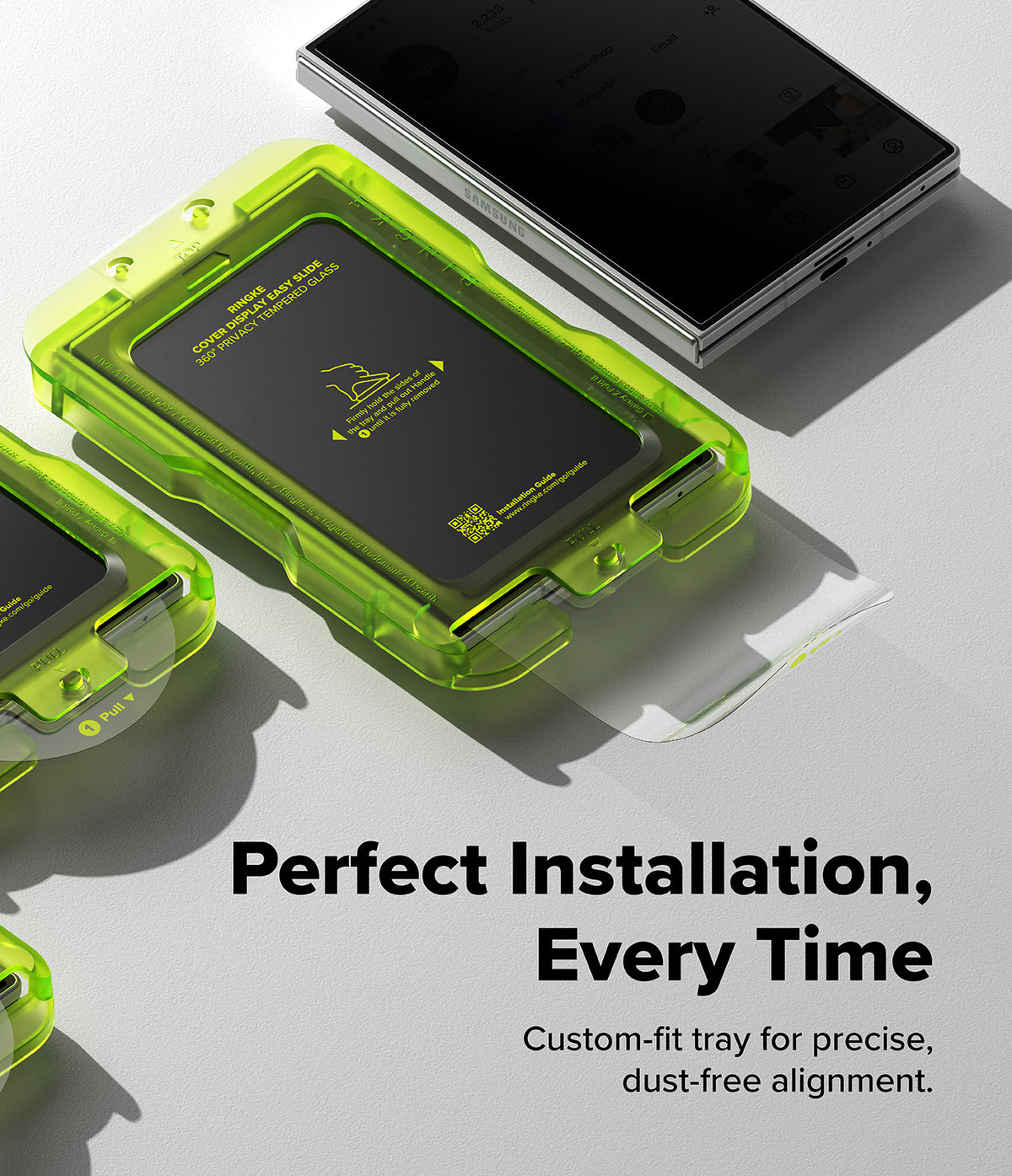 Galaxy Z Fold 8 | Fusion Air Flap Magnetic + 360° Privacy - A close-up promotional shot of a translucent neon green custom-fit tray holding a black rectangular card, with additional matching trays and a smartphone shown at the top. Large text reads 'Perfect Installation, Every Time' with smaller descriptive copy below.
