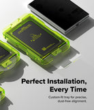 Galaxy Z Fold 8 | Fusion Air Flap Magnetic + 360° Privacy - A close-up promotional shot of a translucent neon green custom-fit tray holding a black rectangular card, with additional matching trays and a smartphone shown at the top. Large text reads 'Perfect Installation, Every Time' with smaller descriptive copy below.